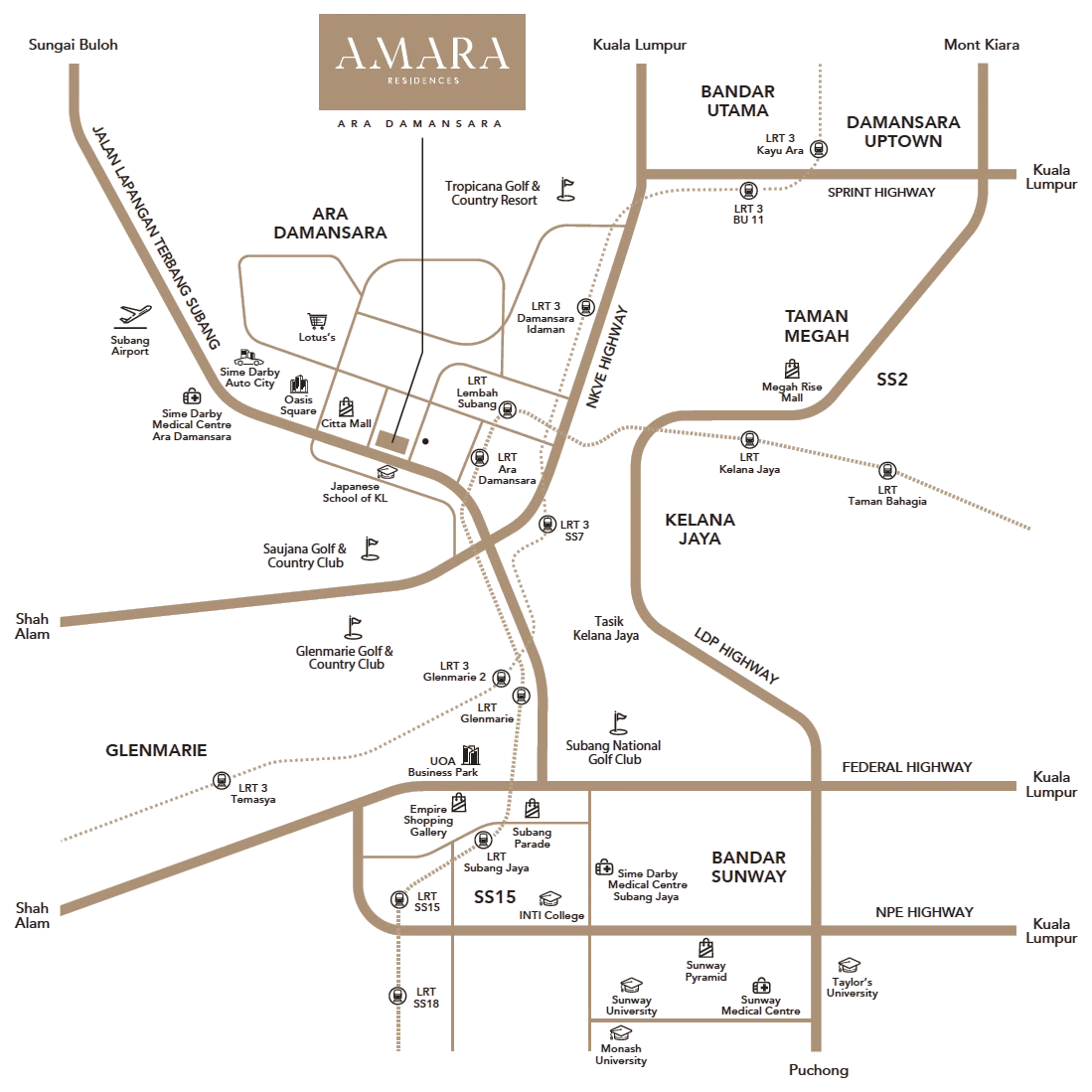 Road and rail map showing Amara Residences @ Ara Damansara in relation to highways, LRT stations and nearby townships